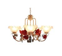 HHRLCH 5-Lights Rose Flower Glass Lampshade Metal Hanging Lamp Country Garden Wrought Iron Chandelier Decoration Dining Room Restaurant Droplight