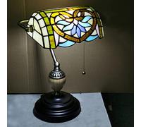 HHRLCH Banker Lamp Purple Blue Lamp Stained Glass Table Lamp Office Study Reading Piano Accent Desk Library Light Bedroom Bedside Lamp Zinc Base Pull Chain G