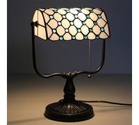 HHRLCH Bankers Table Lamp Vintage Stained Glass Desk Lamp with Base Antique Crystal Beads Bedside Lamp for Living Room Bedroom Office Home Decoration White