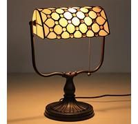 HHRLCH Bankers Table Lamp Vintage Stained Glass Desk Lamp with Base Antique Crystal Beads Bedside Lamp for Living Room Bedroom Office Home Decoration White