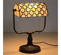 HHRLCH Bankers Table Lamp Vintage Stained Glass Desk Lamp with Base Antique Crystal Beads Bedside Lamp for Living Room Bedroom Office Home Decoration White