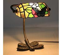 HHRLCH Bankers Table Lamp Vintage Stained Glass Desk Lamp with Butterfly Base Antique Crystal Beads Bedside Lamp for Living Room Bedroom Office Home Decoration H