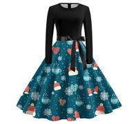 HHRLCH Christmas Dresses for Women UK Santa Fancy Long Sleeve Plus Size Dress Swing Printed Party Xmas Costumes Funny Snowman Pattern Crewneck Happy New Years Outfits