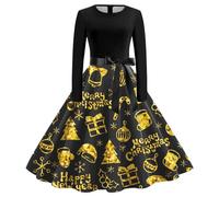 HHRLCH Christmas Dresses for Women UK Santa Fancy Long Sleeve Plus Size Dress Swing Printed Party Xmas Costumes Funny Snowman Pattern Crewneck Happy New Years Outfits