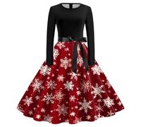 HHRLCH Christmas Dresses for Women UK Santa Fancy Long Sleeve Plus Size Dress Swing Printed Party Xmas Costumes Funny Snowman Pattern Crewneck Happy New Years Outfits