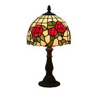 HHRLCH Dresser Table Lamp Retro Bedroom Wedding Room Bedside Desk Lamp 8 Inch Stained Glass Red Rose Lamp Shade Antique Metal Base Lover Gifts