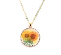 HHRLCH Dried Pressed Flowers For Women and Girls,Transparent Colored Sunflower Pendant Charm Round Dried Flower Glass Pendant Necklace, Forget Me Not Necklace, Pressed Flower Jewelry