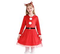 HHRLCH Girls Christmas Deer Fancy Dress Cute Long Sleeve Brown Dress with Antler Headband for a Kids Holiday Party School Play Festive Gathering or Christmas Pageant