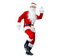 HHRLCH Mens Deluxe Santa Costume Set 8-Piece Fancy Dress Outfit with Velvet Suit Hat Beard and Candy Bag for a Christmas Party Family Photo Stage Performance or Festive Event