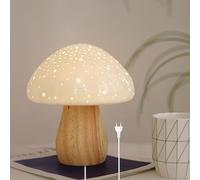 HHRLCH Mushroom Lamp with Cable Wooden Mushroom Table Lamp with Ceramic Lampshade Deco Table Lamp Bedside Lamp with 3000K Warm Light for Living Room Bedroom Children's Room