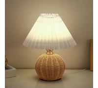 HHRLCH Nordic Fabric Table Lamp with Rattan Base - Dimmable Bedside Lamp Pleated Column for Bedroom and Living Room