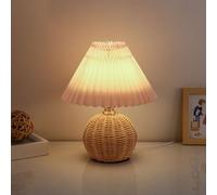 HHRLCH Nordic Fabric Table Lamp with Rattan Base - Dimmable Bedside Lamp Pleated Column for Bedroom and Living Room