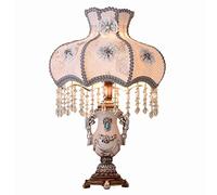 HHRLCH Retro Table Lamp Victorian Resin Desk Lamp with Fabric Shade European Romantic Crystal Nightstand Lamp for Bedroom Living Room Office Study P