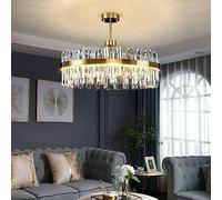 HHRLCH Round Gold Crystal Hanging Ceiling Light Crystal Chandelier 3 Colour Dimmable Home Decorative Lamps Fixture for Dining Room Living Room Kitchen Island Bedroom