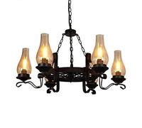 HHRLCH Vintage Antique Black Chandelier Metal Wagon Wheel Chimney Glass Lampshade 3 Lights Chandelier Restaurant Bar Living Room Restaurant Clighting Tea House Antique Kerosene Lamp Durab/6Li