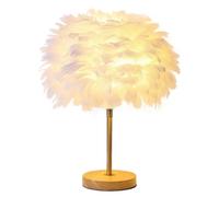 HHRLCH White Feather Table Lamp with Wooden Base - Elegant Desk Lampshade for Bedroom Living Room Home Decoration
