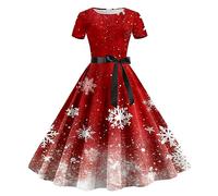 HHRLCH Women Christmas Dresses Ladies Short Sleeve Santa Xmas Dresses Flared A Line 1950s Swing Dress Christmas Costume for Cocktail Party