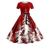 HHRLCH Women Christmas Dresses Ladies Short Sleeve Santa Xmas Dresses Flared A Line 1950s Swing Dress Christmas Costume for Cocktail Party