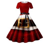 HHRLCH Women Christmas Dresses Ladies Short Sleeve Santa Xmas Dresses Flared A Line 1950s Swing Dress Christmas Costume for Cocktail Party