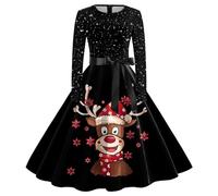 HHRLCH Women Christmas Dresses UK Santa Fancy Long Sleeve Plus Size Dress Swing Printed Party Xmas Costumes Funny Crewneck Snowman Pattern Happy New Years Outfits