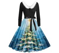 HHRLCH Women Christmas Halloween Dresses Adult Long Sleeve Vintage Party Dress Fancy Cute Xmas Printed Dresses