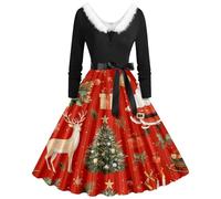 HHRLCH Women Christmas Halloween Dresses Adult Long Sleeve Vintage Party Dress Fancy Cute Xmas Printed Dresses