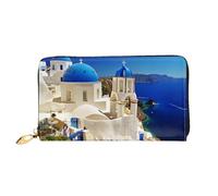 hhxvcv Cartera de cuero con estampado de estrellas y feliz día del padre para mujer, cartera larga y delgada y plegable para chequera, ligera y a la moda, Vista al mar de la isla griega de Santorini