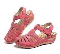 HHZY Sandalias con Punta Cerrada para Mujer Sandalias Cuñas Cabeza Redonda Verano Plataforma Ajuste Ancho Zapatos de Playa cómodas,Rojo,39