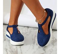 HHZY Sandalias de Cuña para Mujer con Punta Cerrada Verano Alpargatas Sandalias Plataforma Cabeza Redonda Ante con Correa de Tobillo Casual Sandalias Zapatos de Playa,Azul,35