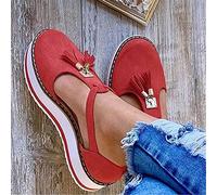 HHZY Sandalias de Plataforma con Correa en T para Mujer con Borla 2021 Primavera Retro Mocasines con Cabeza Redonda Cuñas Sandalias Casual Verano Alpargatas con Punta Cerrada,Rojo,41