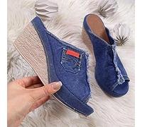 HHZY Zapatillas de Mujer Estilo Vaquero Casual Sandalias Plataforma Cuñas Boca de Pez Sandalias de Fondo Grueso Pantuflas con Punta Abierta Zapatos Alpargatas,Azul,US4/EU35
