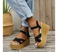 HHZYT Alpargatas de Mujer Sandalias con Plataforma Sandalias de Verano con Punta Abierta y Correa en El Tobillo Zapatos para Caminar con Banda Cruzada Inferior Gruesa,Negro,US10/EU41