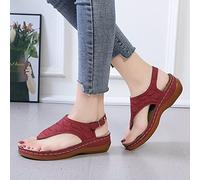 HHZYT Chanclas de Cuña Mujer Verano Elegante Sandalias de Dedo Cuero Cómodo Plataforma Flip Flop Zapatillas Punta de Clip Zapatos de Playa Interior y Exterior,Rojo,US6/EU37