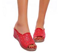HHZYT Sandalias Bordadas de Flores para Mujer Sandalias de Plataforma Cómodas con Cuñas Zuecos y Mules Chanclas Verano Zapatos de Playa,Rojo,US6/EU37