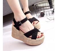 HHZYT Sandalias de Cuña para Mujer Alpargatas de Plataforma con Punta Abierta de Verano Sandalias Casuales de Tacón Alto Zapatos de Playa con Correa en El Tobillo,Negro,US4/EU35