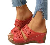 HHZYT Zuecos y Mules de Cuña para Mujer Sandalias Cómoda Plataforma Bordado de Verano con Punta Abierta Zapatillas Zapatos para Caminar en La Playa,Rojo,US6/EU37
