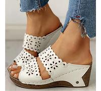 HHZYT Zuecos y Mules de Cuña para Mujer Sandalias Cómoda Plataforma Bordado de Verano con Punta Abierta Zapatillas Zapatos para Caminar en La Playa,Blanco,US7/EU38