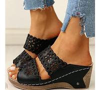 HHZYT Zuecos y Mules de Cuña para Mujer Sandalias Cómoda Plataforma Bordado de Verano con Punta Abierta Zapatillas Zapatos para Caminar en La Playa,Negro,US6/EU37