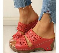 HHZYT Zuecos y Mules de Cuña para Mujer Sandalias Cómoda Plataforma Bordado de Verano con Punta Abierta Zapatillas Zapatos para Caminar en La Playa,Rojo,US6/EU37