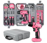 Hi-Spec 58pc Rosa Taladro Atornillador Inalámbrico 8V USB y Kit de Herramientas para Bricolaje Femenino. Destornilladores, Brocas, Alicates y Martillo en un Maletín de Herramientas