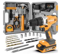 Hi-Spec Kit de Herramientas con Taladro Atornillador 18V, Amarillo | 30 piezas, vasos, destornillador, brocas para madera y metal, alicates y martillo en maletín, uso diario