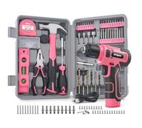 Hi-Spec Kit de Taladro Atornillador Inalámbrico 8V y Herramientas - Set completo recargable con herramientas básicas, maletín compacto, color rosa, ideal para bricolaje en el hogar