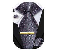 Hi-Tie Corbatas para hombre, corbata de cuello, bolsillo cuadrado, juego de gemelos formales de boda, 4 piezas, juego de corbata formal, Cuadros grises y rosados, M