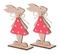 HIAKDOFT 2 Piezas Decoración de Mesa de Pascua con Conejitos de Madera Adorno de Primavera para Centro de Mesa Decorativo para Hogar y Fiestas Conejo de Madera con Falda Roja Estable y