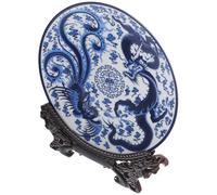HIAKDOFT Plato Decorativo de Cerámica Azul y Blanca Estilo Chino con Soporte Plato Multifuncional para Decoración de Mesa y Servicio Fácil de Limpiar
