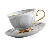 HIAKDOFT Taza con Platillo de Cerámica 250 Ml con Diseño Mármol Gris y Dorado, Juego de Taza para Café, Leche y Jugo, Adecuado para Desayuno y Ocasiones Obsequios