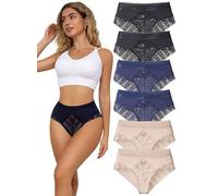 Hialegion Bragas con Encaje Tallas Grandes Sin Costuras para Mujer,Culotte Femenina de Cintura Alta, Mujeres Braguita-Hipster con Encaje Patchwork, 6PCS 4XL