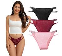 Hialegion Mujer Ropa Interior de Seda con Patchwork de Encaje, Bragas Hipster con Tirura de Pedrería para Mujeres 3PCS L