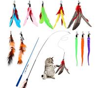 Hianjoo Juguete Pluma de Gato Interactivo 12 Piezas, 2 Varitas Divertidas Retráctiles y 10 Teaser de Plumas de Repuesto con Campana para Gatito Receptor Que se Divierte Jugando al Ejercicio