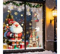 Hianjoo Pegatinas Navideñas para Ventanas, 4 Hojas grandes de Pegatinas Navideñas para Vidrio con Papá Noel Reno con Castillo de para Decoración de Interiores Calcomanías Estáticas para Escaparates